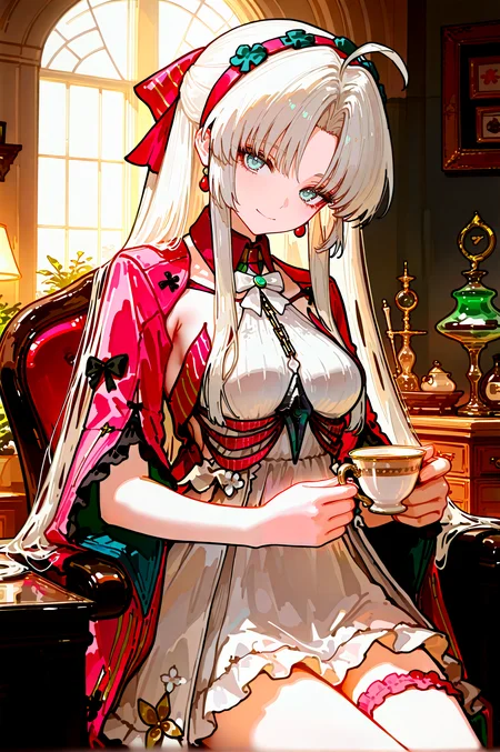 (masterpiece, best quality, very awa, newest, very aesthetic, highres, absurdres:1.2), detailed background, indoors, <lora:748cmXLillokrV5311P:0.5>,  <lora:ç¦è¶forill:0.4>, BREAK
1girl, solo,<lora:carlotta (wuthering waves)_nb11-xl:1> carlotta \(wuthering waves\), blue eyes, carlotta, pink jacket, white bow, parted bangs, white hair,white dress,black bow,two-tone bow,medium breasts,sidelocks,hairband,
looking at viewer, smile, closed mouth, sitting, holding cup, tea, cowboy shot, BREAK 
<lora:spo_sdxl_10ep_4k-data_lora_webui:0.85>, , <lora:add-detail-xl:0.3> ,<lora:illustrious_noobai_epsilon_pred_1_best_quality_v1:0.75>, 
<lora:ponyv6_noobE11_2_adamW:0.5>, <lora:HandFixer_pdxl_Incrs_v1:0.5>, handfixer,
