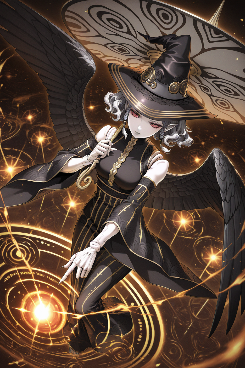 1girl, AgratBatMahlatShinMegamiTensei, 
general, solo, perspective, dutch angle, from above,
short hair, side braids,
beautiful eyes, grey lips, pale skin, pointy ears, joints, doll joints, claws,
witch hat,
black dress, detached sleeves, wide sleeves,
feathered wings,
flying, looking at object, casting spell, 
pointing, holding umbrella,
golden aura, (too many, energy ball),
black theme, magic circle,
<lora:kp_AgratBatMahlatShinMegamiTenseiIllustrious_v1_0:1.0>,
masterpiece, best quality, amazing quality