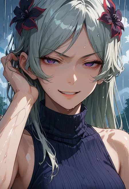 score_9,score_8_up,score_7_up, <lora:freya_danmachi_pdxl_goofy:1>freyadm, 1girl, evil smile, rain, smug, wet hair, portrait, looking at viewer, open mouth, hand in own hair, smirk, anime coloring, cloudy sky, cloud, half-closed eyes, parody, sleeveless, close-up, unusually open eyes, hair ornament, hand on own head, outdoors,black flower, sleeveless turtleneck, ribbed shirt,