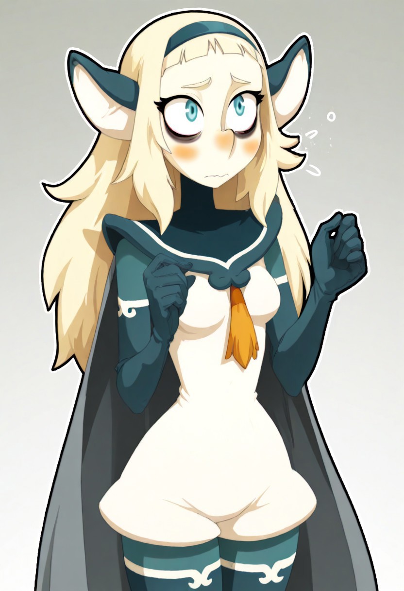 (WakfuMMOArt, black outlines, thick outlines, upper body only), 1girl, solo, solo girl, 1girl, bakarajurgen, blonde hair, long hair, blue eyes, hairband, pointy ears, bags under eyes, blush, animal ears, bodysuit, colored skin, gloves, hairband, pantyhose, thighhighs, cape masterpiece, best quality, very aesthetic,