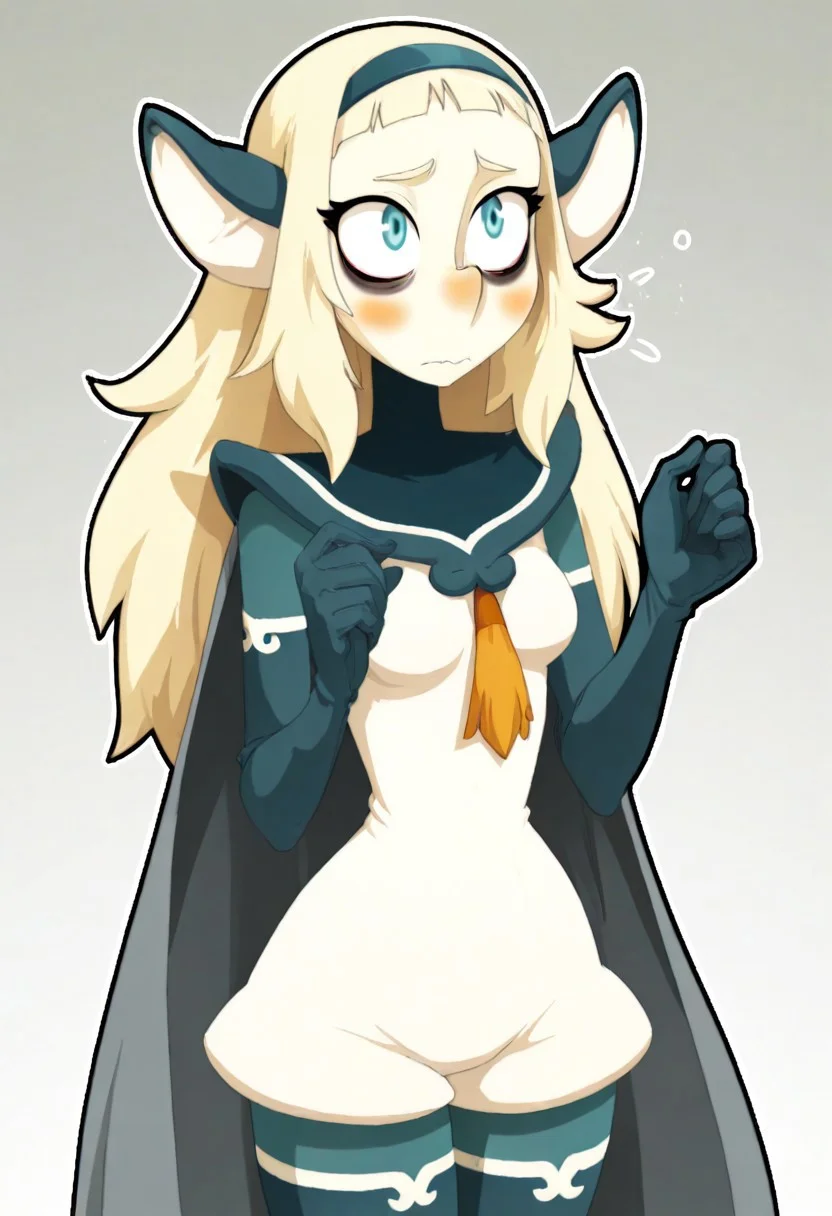 (WakfuMMOArt, black outlines, thick outlines, upper body only), 1girl, solo, solo girl, 1girl, bakarajurgen, blonde hair, long hair, blue eyes, hairband, pointy ears, bags under eyes, blush, animal ears, bodysuit, colored skin, gloves, hairband, pantyhose, thighhighs, cape masterpiece, best quality, very aesthetic,