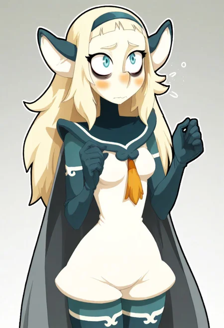 (WakfuMMOArt, black outlines, thick outlines, upper body only), 1girl, solo, solo girl, 1girl, bakarajurgen, blonde hair, long hair, blue eyes, hairband, pointy ears, bags under eyes, blush, animal ears, bodysuit, colored skin, gloves, hairband, pantyhose, thighhighs, cape masterpiece, best quality, very aesthetic,