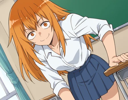 score_9, score_8_up, score_7_up, source_anime,
makigamou, <lora:maki-gamou-s1s2-ponyxl-lora-nochekaiser:1>,
maki gamou, long hair, orange hair, orange eyes, sanpaku,
skirt, shirt, jewelry, school uniform, white shirt, pleated skirt, earrings, blue skirt,
indoors, classroom, bent over, smile,
looking at viewer, cowboy shot, solo, dutch angle,