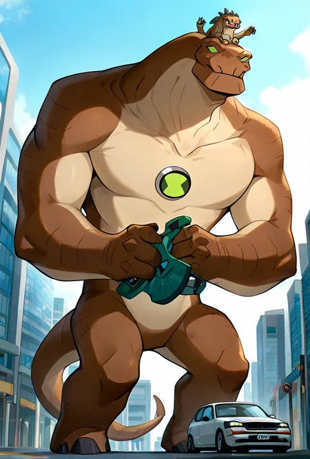 <lora:humungousaur-08:1> humungousaur, dinosaur, 1boy, male focus, solo, green eyes, no humans, brown skin, , green sclera, tail, no pupils, zoomed out view, <lora:WSSKX_WAI:1>, behind buildings, hiding behind buildings, giant sky scrapers, pushing buildings aside, giant, lifting car, holding car on head, lifting object,, masterpiece, best quality, amazing quality, very aesthetic, absurdres, newest,