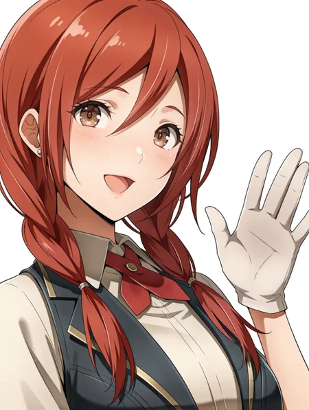 masterpiece,best quality,newest,
1girl,solo,
<lora:t_hibari_b_ilxl_v1.1:1>,t_h_b,red hair,twin braids,brown eyes,
h_clothes,red ascot,white gloves,black vest,
<lora:Fixhands_anime_bdsqlsz_V1:1>,parted lips,upper_body,portrait,white_background,simple_background,standing,hand up,waving,:d,looking_at_viewer,