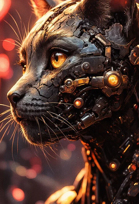 ((A close-up portrait side view look away of a cyberpunk cat with a hyper-realistic biomechanical face)). Detailed cat skin texture seamlessly integrated with futuristic mechanical implants . One large gold cybernetic eye with intricate patterns. smooth and reflective metallic details on her face. Lighting is warm and dynamic, highlighting every contour and texture. Futuristic and sci-fi atmosphere, highly detailed and realistic digital art.
(Cyberpunk realism, Biomechanical details) (Dynamic lighting with neon highlights) (((glowing circuits, metallic implants))), (((black And gold theme)))