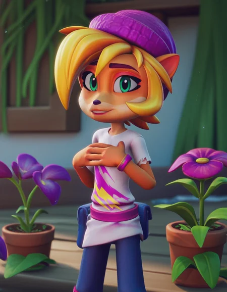 score_9, score_8_up, score_7_up, source_anime, <lora:coco-bandicoot-totally-tubular-ingame4-ponyxl-lora-nochekaiser:1>, coco bandicoot, short hair, blonde hair, green eyes, pointy ears, furry, 3d, shirt, hat, torn clothes, striped shirt, pants, gardening, watering plants, backyard, flowers blooming, sunny day,, , looking at viewer, hands on own chest,, solo,, cowboy shot, dutch angle,
