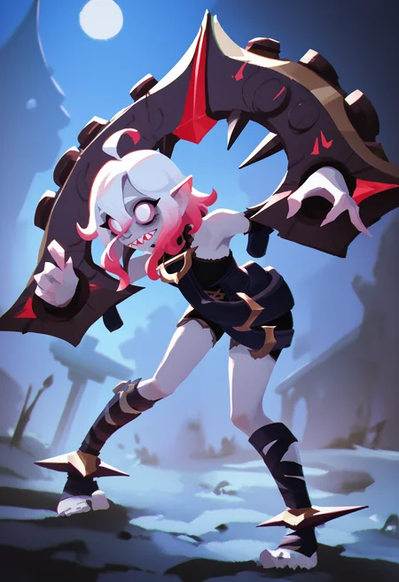score_9, score_8_up, score_7_up, score_6_up, score_5_up, score_4_up, BREAK,
1girl, briar, white eyes, colored sclera, white hair, gradient hair, short hair, hair between eyes, ahoge, pointy ears, sharp teeth, grey skin,
shackles, bare shoulders,  detached sleeves,
standing, outdoors, night, night sky, dark background    <lora:BriarXL:1>   <lora:SplatoonXLLocon:1>