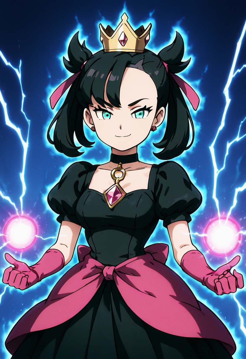 masterpiece, best quality, 1girl, solo, looking at viewer, smile,   zzShadowMarnieCitron, aqua eyes, black hair, hair ribbon, medium hair, asymmetrical bangs, twintails, mini crown,  marnie (pokemon), large breasts, narrow waist,  black dress, puffy short sleeves, black choker, gem, pink ribbon, pink gloves, bow, chiaroscuro,  ,<lora:ShadowHimeMarnieCitronOCIXL_v3:1.0>,  ,vivid aura, looking at viewer, blue background, smug, aura, super saiyan, charging energy, energy ball, energy, lightning, <lora:DBSBroly_Style_IXL_v2:0.6>,