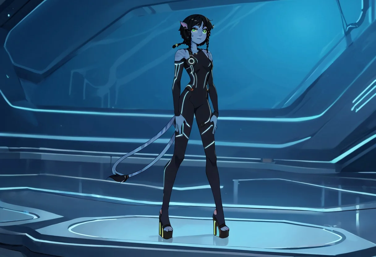 score_9, score_8_up, score_7_up,(animated expressive lines), ((1girl, solo)), Kiri, black hair, short hair, green eyes, pointy ears, colored skin, blue skin,long tail, braid, bestface, emotionless face, (black bodysuit, neon trim, long legs, long sleeves, miniskirt, platform heels, exposed shoulders), futuristic corridor, fit, blue skin pattern, looking at viewer, standing, (full body)
<lora:K1r1_epoch_16:1>