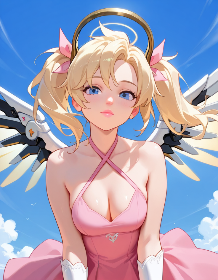 masterpiece, best quality, amazing quality, very aesthetic, absurdres,  newest, detailed background, cowboy shot, 4k, 8k, outdoors,
mercyxd, 1girl, solo, blonde hair, twintails, halo, wings, blue eyes, mechanical halo, breasts, pink ribbon, criss-cross halter, mechanical wings, halterneck, gloves, ribbon, nose, looking at viewer, lips, hair ribbon, medium breasts, upper body, dress,  official alternate costume, pink lips, pink dress, 
 <lora:Mercy_-_Overwatch_Illustrious:1>