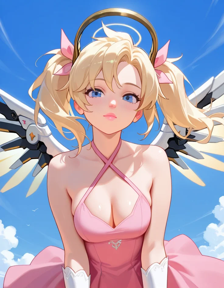 masterpiece, best quality, amazing quality, very aesthetic, absurdres, newest, detailed background, cowboy shot, 4k, 8k, outdoors,
mercyxd, 1girl, solo, blonde hair, twintails, halo, wings, blue eyes, mechanical halo, breasts, pink ribbon, criss-cross halter, mechanical wings, halterneck, gloves, ribbon, nose, looking at viewer, lips, hair ribbon, medium breasts, upper body, dress, official alternate costume, pink lips, pink dress,
<lora:Mercy_-_Overwatch_Illustrious:1>