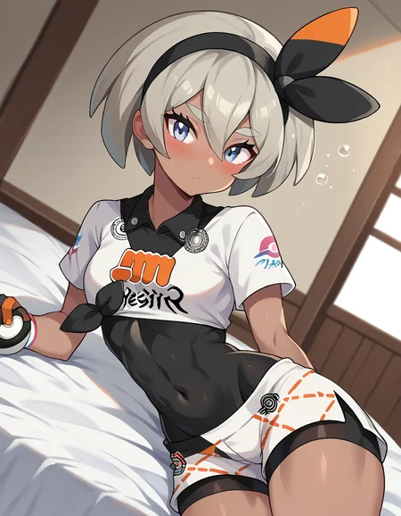 score_9, score_8_up, score_7_up, source_anime,
pokemonbea, <lora:pokemon-bea-ponyxl-lora-nochekaiser:1>
pokemonbea, blue eyes, dark skin, dark-skinned female, grey hair, hair between eyes, short hair, ribbon, hair ribbon, hairband, black ribbon, black hairband,
bodysuit, covered navel, shorts, single glove, glove, crop top, white shirt, short sleeves, collar, white shorts,
indoors, bed, bed room, on side, blush, drunk,
looking at viewer, cowboy shot, dutch angle,