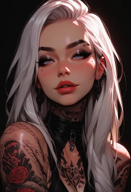 Score_9, Score8_up, Score_7_up, (((High Resolution, Best Quality)))
Thai face, Covered in Tattoos, Thai woman, white hair, black eyeshadow,