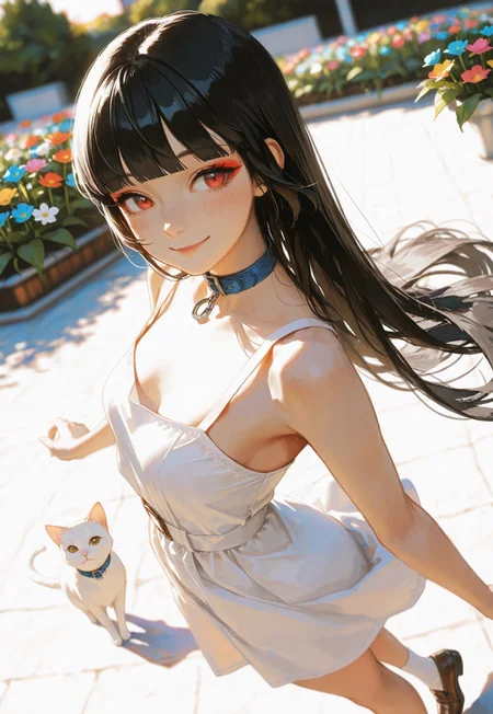 masterpiece, ultra-HD, cinematic lighting, photorealistic, impressionism (1.5), high detail, depth of field, (blurred background), (dramatic lighting),masterpiece, best quality, very aesthetic,8k,masterpiece, best quality,realistic, masterpiece, best quality, 8k, 
, simple_background, , 
, half close-up, sexy pose, long black hair, straight hair,blunt bangs, red eye makeup,
blushing, asian girl, small head, pretty girl, korean girl, ((smiling)), happy
((slim body)), (small breasts), Dynamic angle, Dynamic pose, sfw, portrait,, 
girl,  white sundress, brown loafers,white ankle socks, in a garden, colorful flowers, sunset.
White cat with blue collar.
