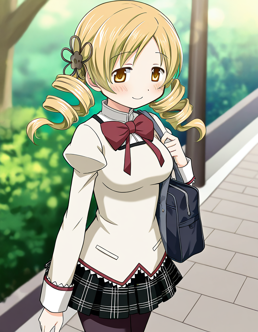 masterpiece, best quality, newest, absurdres, highres, safe, 1girl, tomoe mami \(school uniform\), magia record: mahou shoujo madoka magica gaiden, black skirt, pantyhose, solo, outdoors, dutch angle, <lora:tomoe_mami_noobaiXLNAIXL_vPred10Version:0.7>