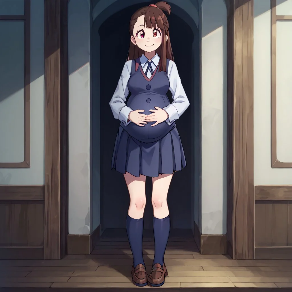 score_9, score_8_up, source_anime, highly detailed, akko, 1girl, solo, brown hair, luna nova school uniform, smile, long hair, looking at viewer, red eyes, full body, school uniform, shirt, white shirt, asymmetrical bangs, 9 months pregnant, hands on belly