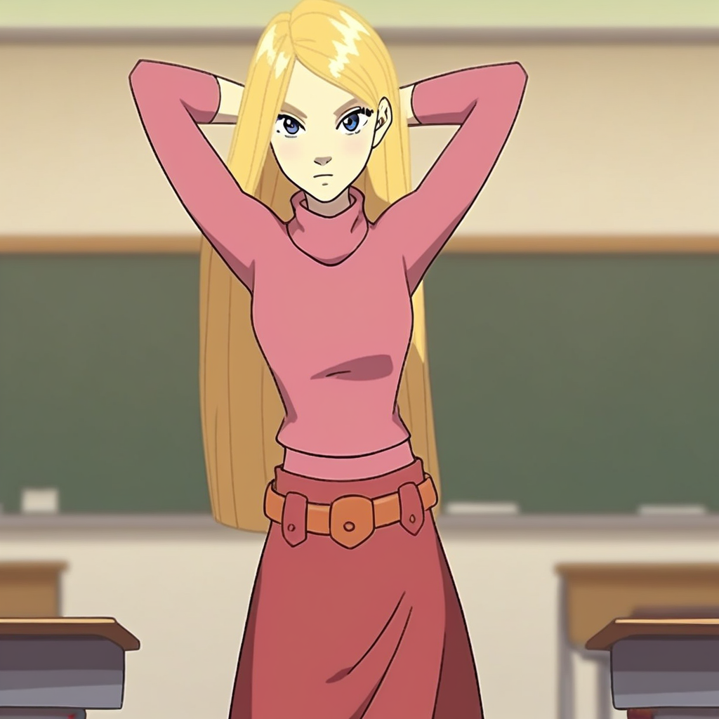 score_9, solo, cornelia_h, blonde hair, long hair, blue eyes, turtleneck, long skirt, belt, classroom, standing, hands behind head, looking at viewer, light blush,