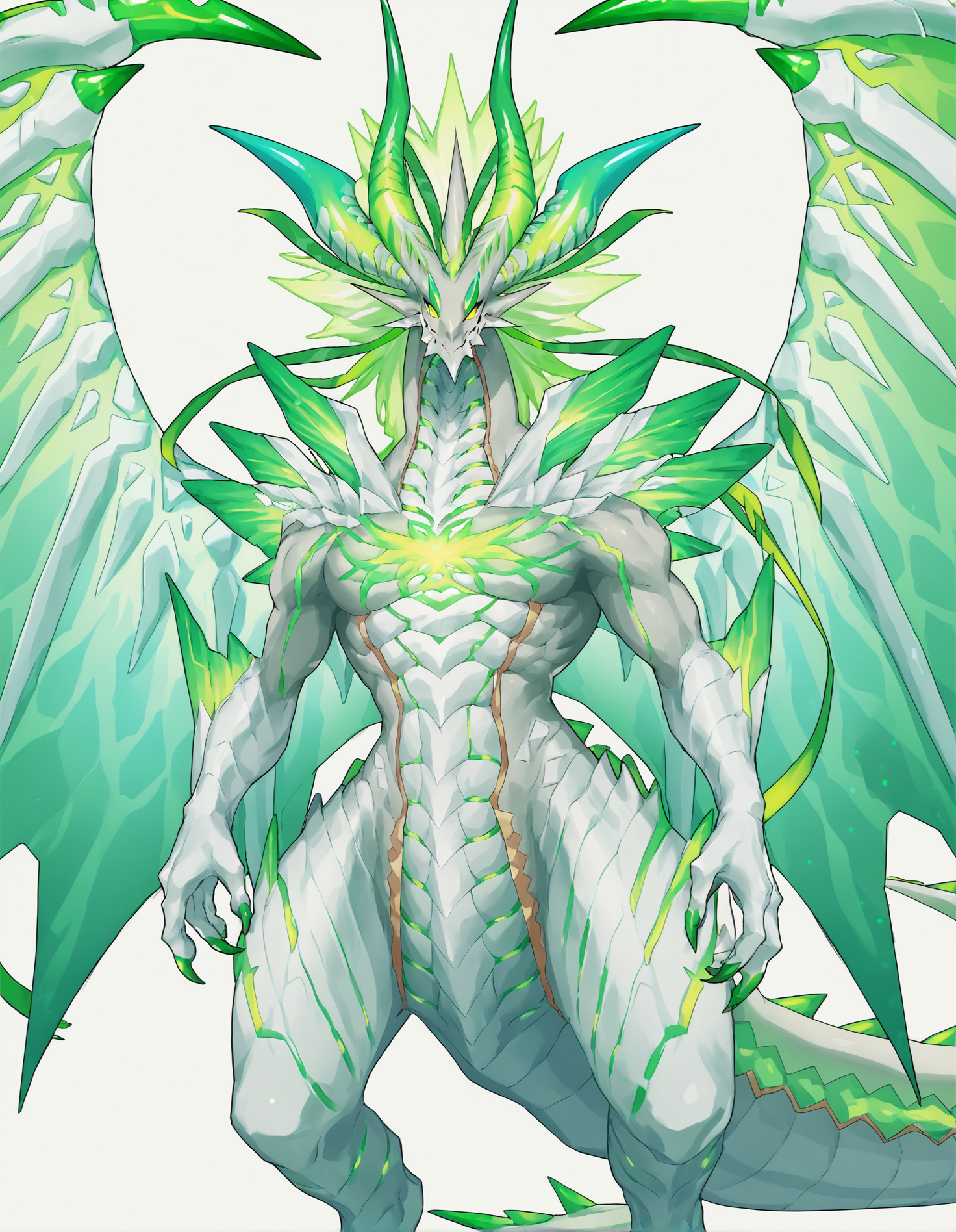 <lora:MidgardsomrPony2.0:0.8> Midgardsomr, dragon wings, solo, claws, 1boy, dragon horns, dragon tail, male focus, dragon, no humans, looking at viewer, glowing, green hair, green eyes, white skin, scales ,white background,  score_9, score_8_up, score_7_up, score_6_up, score_5_up, score_4_up