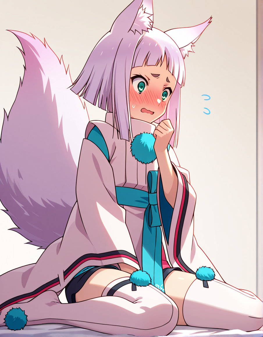 masterpiece, best quality, high quality, 1girl, flustered, blush, wariza, shorts, white thighhighs, kon_\(tokyo_ravens\), <lora:kon-illu:1>