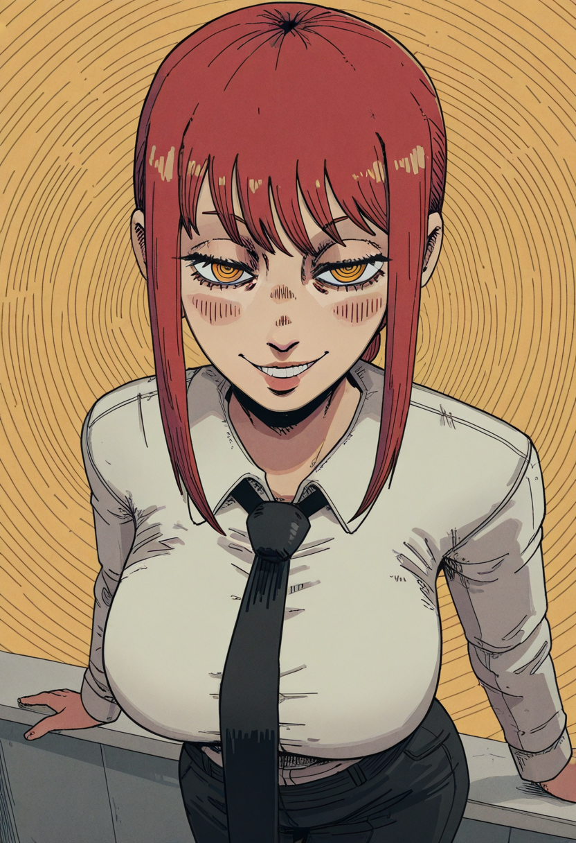 10P3Zstyle, masterpiece, best quality, solo,                                                                                                           makima from chainsaw man, red hair, yellow spiral eyes, leaning down infront of viewer, evil smug, large breasts, white office shirt, black tie,
