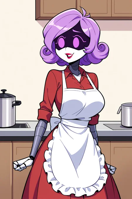 masterpiece, best quality, Detailed, 2D, 1girl, solo, Uzi, Purple Hair, Purple Eyes, Robot, Visor, Milf, Bimbo, Stepford, Housewife, Red Dress, White Apron, Curly Hair, lipstick, happy, kitchen