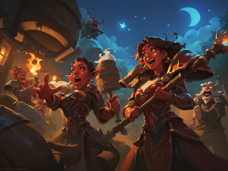 1boy, 1girl, armor, barrel, brown hair, colored skin, earrings, fire, holding staff, multiple boys, night, open mouth, pants, red skin, standing, star (sky), <lora:HearthstoneMerge2:0.8>, score_9, score_8_up, score_7_up, score_6_up