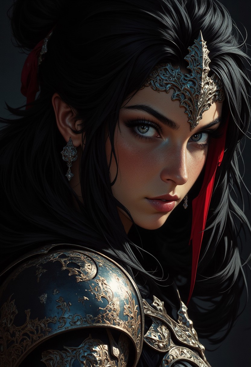 closeup portrait an oriental female knight, black hair with red streak, dark eyeshadow, red lips, direct gaze, dark background, silhouetted, chiascuro