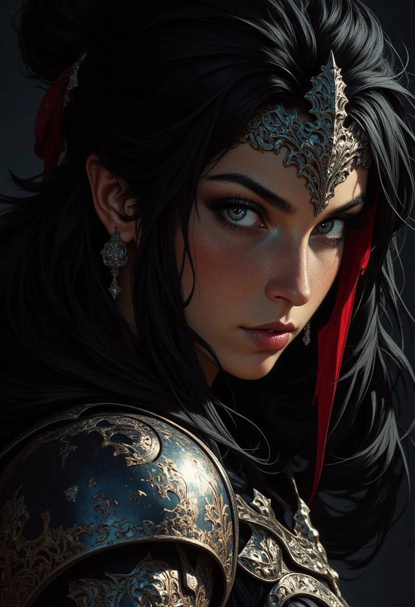 closeup portrait an oriental female knight, black hair with red streak, dark eyeshadow, red lips, direct gaze, dark background, silhouetted, chiascuro