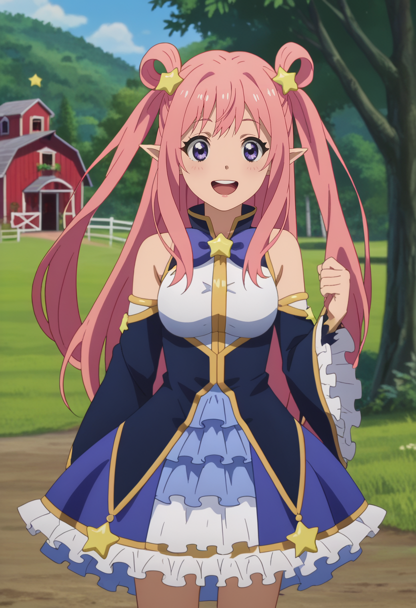 score_7_up, anime screencap,
<lora:PrincessConnect_HatsuneXL:0.9>,
1girl, solo, open mouth, smile, upper teeth only,
long hair, pink hair, purple eyes, hair rings, pointy ears, hair ornament, star (symbol),
Hatsune, multicolored dress, sleeveless dress, black dress, white dress, purple bow, detached sleeves, frilled skirt, blue skirt,
standing, looking at viewer, cowboy shot,
blurry background, farm, tree