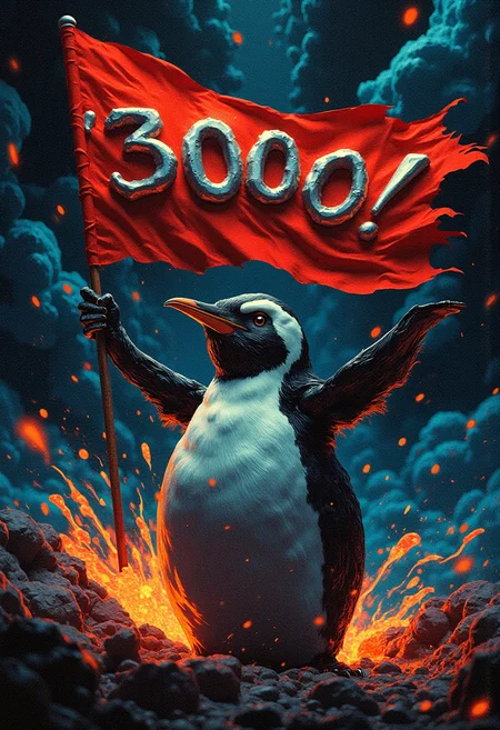 cinematic film still Generate an image of a semi-realistic penguin standing defiantly, holding up a bright red flag emblazoned with shiny silver font reading '"3000!"', as if chanting a triumphant battle cry. Rendered in a vibrant, pop-art style reminiscent of Roy Lichtenstein's work, the scene bursts with energetic tension. Place the penguin against a dark blue sky where fiery, swirling abstract shapes and explosions erupt like fireworks, with tendrils of light dancing across the background to create a mesmerizing laser light show. Employ dramatic, shallow depth of field to isolate the penguin while simultaneously emphasizing the immersive atmosphere. Ensure the textures on the banner, penguin's feathers, and surrounding environment are intricate and tactile. Capture the warmth and excitement of this scene through vivid color gradations featuring bold reds, electric blues, and neon oranges. I want this image to radiate a sense of rebellious optimism, with an emphasis on photorealistic texture, high-resolution details, and the atmospheric grandeur of a cinematic experience. Make it as if shot by a professional photographer using advanced lighting techniques and top-of-the-line DSLR equipment - a stunning, hyper-real work of art that feels alive. . shallow depth of field, vignette, highly detailed, high budget, bokeh, cinemascope, moody, epic, gorgeous, film grain, grainy