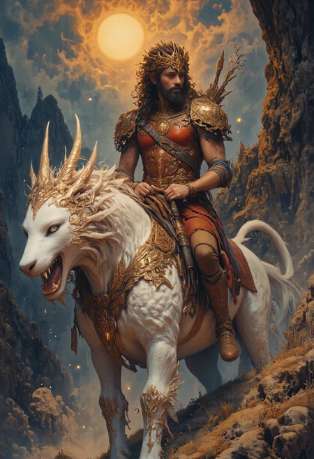 Studio Ghibli Dark Fairytale style, A muscular Valkyrie style Norse warrior riding a fantastical huge white beast in a rugged, mountainous landscape. The man, with a rugged, bearded face and long, dark hair, is dressed in medieval-style attire consisting of a sleeveless brown leather vest, brown trousers, and brown boots. He wears a belt with a sheathed sword and a quiver of arrows. He also has weapons/axe/hammer. His expression is determined as he rides the beast. The massive beast is a mix of a dragon and a lion, with sharp, curved horns, a long, muscular tail, and a fierce, open-mouthed expression revealing sharp teeth. Its eyes are yellow. The creature's fur is sleek and white. The man holds the reins with one hand. The background is a dramatic, partly cloudy sky with a deep blue hue transitioning to a lighter blue at the horizon. The ground beneath them is rocky and uneven, with patches of grass and sparse vegetation. big sun, sunset, dramatic lighting, mainly red, orange and yellow colors, yellow sphere on the background