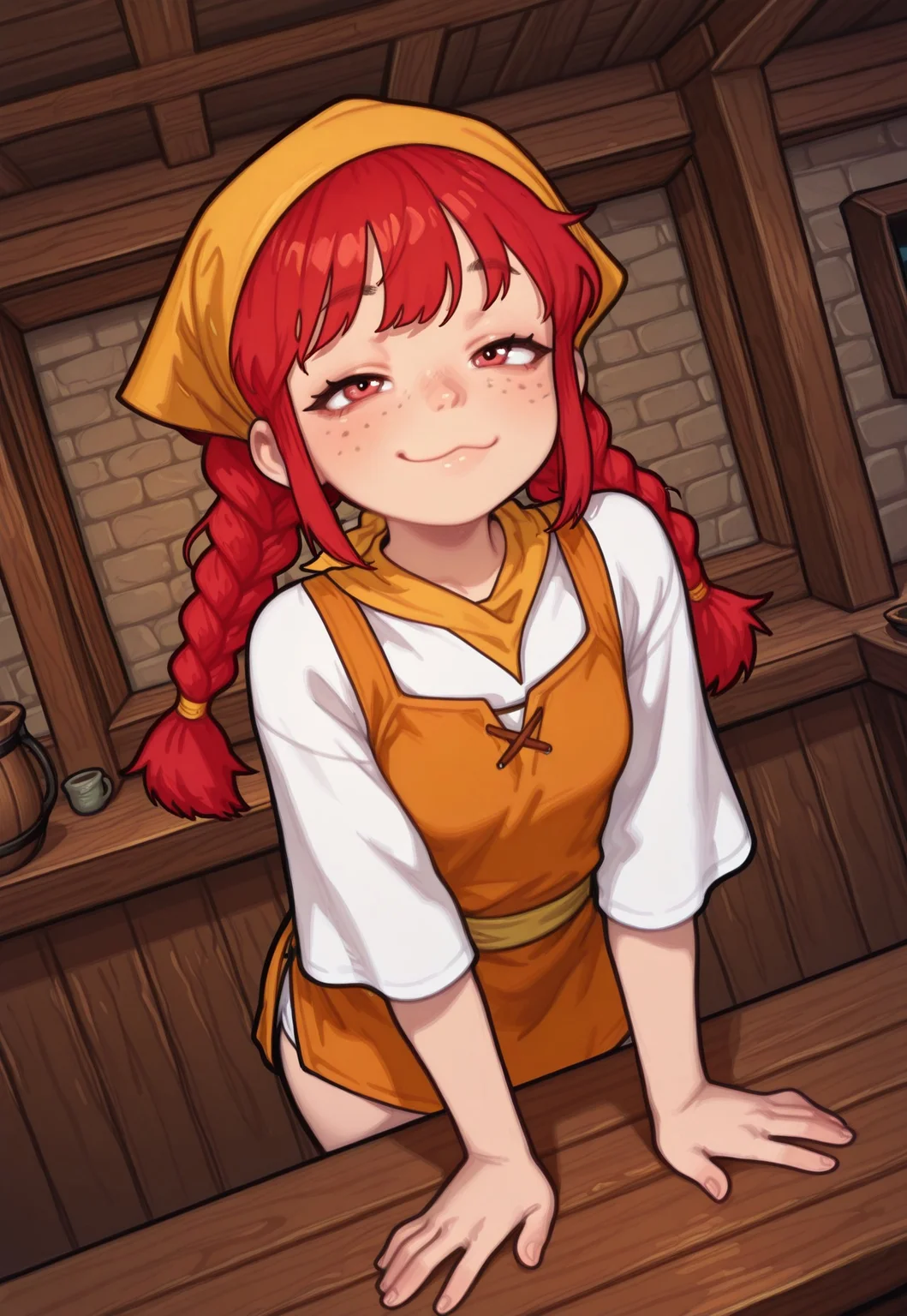 4k, fine detail, high quality eyes, masterpiece, best quality, amazing quality, geh1, 4s0r4, eigaka, possmach, artist:moriimee, 1 girl, solo girl, young, rosalie_serue\(srw\), red eyes, red hair, freckles, twin braids, bandana, head scarf, hoodle, smug, :3, dynamic pose, dutch angle, room. tavern, day