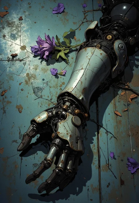 Top-down view of a fallen mechanical arm sprawled on a cold, dark metallic ground, its scratched plating and exposed wiring trailing out of frame. The hand, a complex fusion of steel and synthetic joints, barely clings to a wilted purple flower, fingers slipping as if in the last moment of release. The dim industrial lighting casts a soft glow, accentuating the contrast between lifeless metal and the fragile organic petals. The background is an empty, desolate expanse of worn metallic flooring, dotted with faint scratches and subtle reflections, emphasizing isolation and finality. The atmosphere is heavy, with drifting specks of dust catching the light, enhancing the somber, cinematic mood.