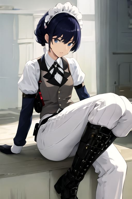 solo, 1girl, solo_focus, (((masterpiece))), ((best quality)), ((ultra-detailed)), ((too_many)):16, high resolution, absurdres, highres, ultra-detailed 8k unity wallpaper, 
kikunop3, maid headdress, vest, shirt, gloves, pants, boots, holster