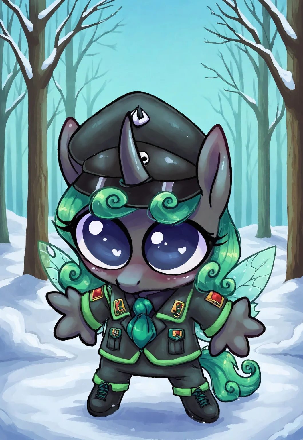 masterpiece, score_9_up, score_8_up, score_7_up, score_6_up, source_pony, (best quality:1.1), ultra-detailed, high resolution, highly detailed macro illustration, solo BREAK 1girl, changeling queen oc, mlp, anthro, black skin, shiny skin, long mint-green mane, (beautiful dark blue eyes:1.4), (big eyes:1.3), <3, long eyelashes, single horn, ears, insect wings, black military uniform, green necktie, peaked cap BREAK mikus-concept, full body, cute, chibi BREAK outside, winter, snow, snow covered trees, cold, cold colors BREAK sharp focus, perfect lighting, extremely detailed, tranquil setting, high detail, Expressiveh, detailed background, OverallDetail, zPDXL3