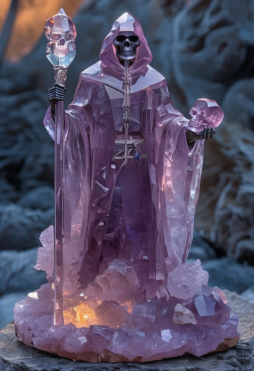 core_9, score_8_up, score_7_up,score_7_up, grim reaper made of fluorite mineral, (crystal, skull mask:1.5), clad in a transparent crystal robe, holding a large iridiscent scythe, stands amid a water fountain, its eerie presence blending menace with surreal elegance, cs-cr1stal-v2, flu0rite,