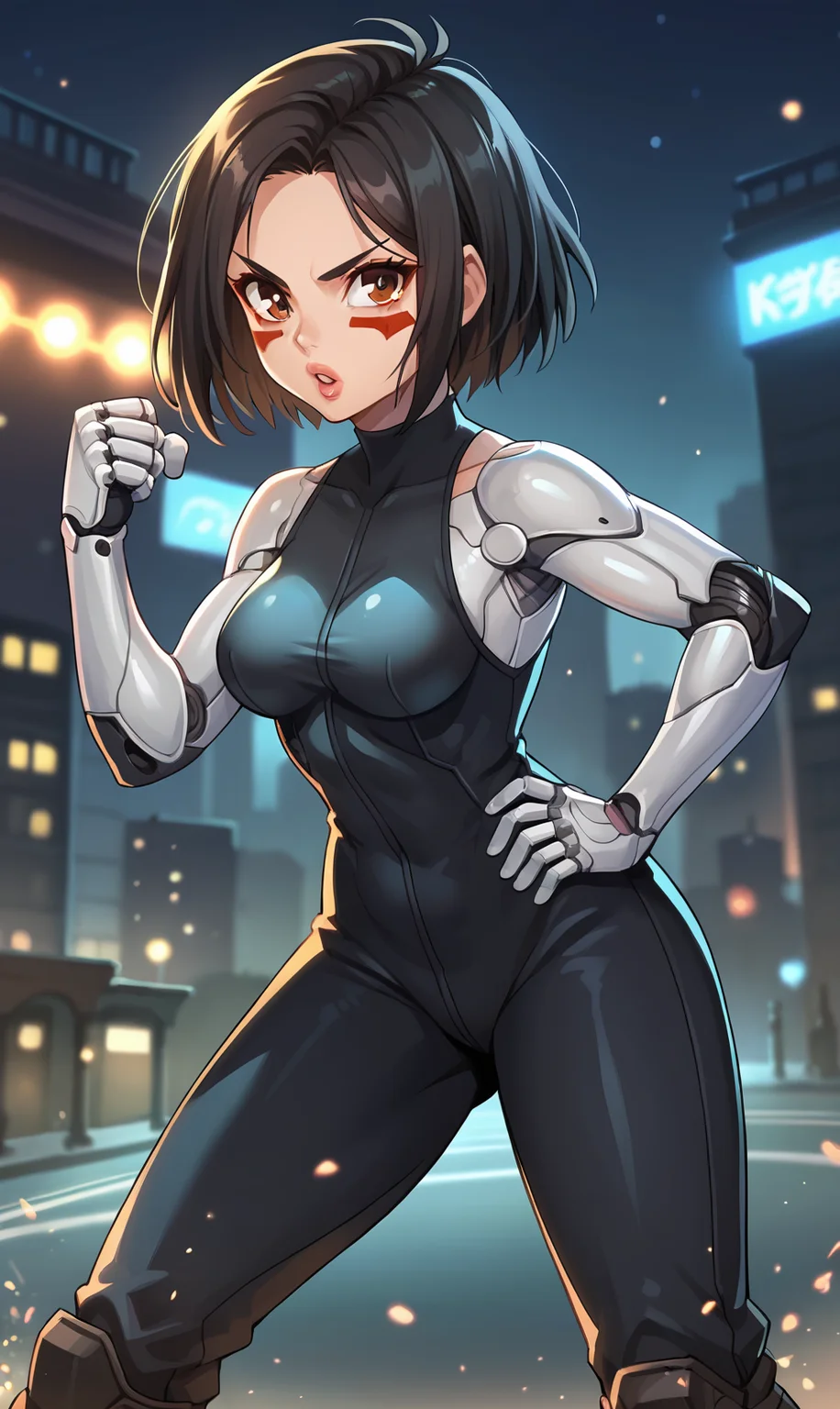 score_9, score_8_up, score_7_up, 1girl, source_anime, anime style, screencap, <lora:Gally:1> gallyxl, short hair, black hair, brown eyes, lips, facepaint, facial mark, bodysuit, mechanical arms, bare shoulders, fighting stance, fighting, robot skin, android, cyberpunk, science fiction, city, night, neon lights, boots, city, hand on hip, looking at viewer, parted lips,
