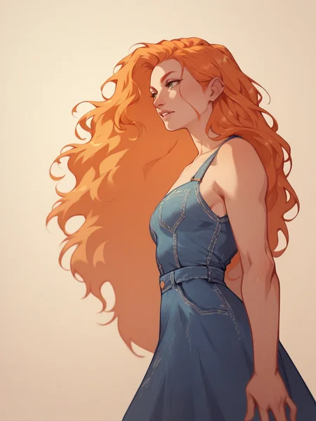 score_9, score_8_up, score_7_up, score_6_up, score_5_up,   <lora:p1ckl3XLP:1> p1ckl3, 1girl, long hair, ginger hair, denim dress