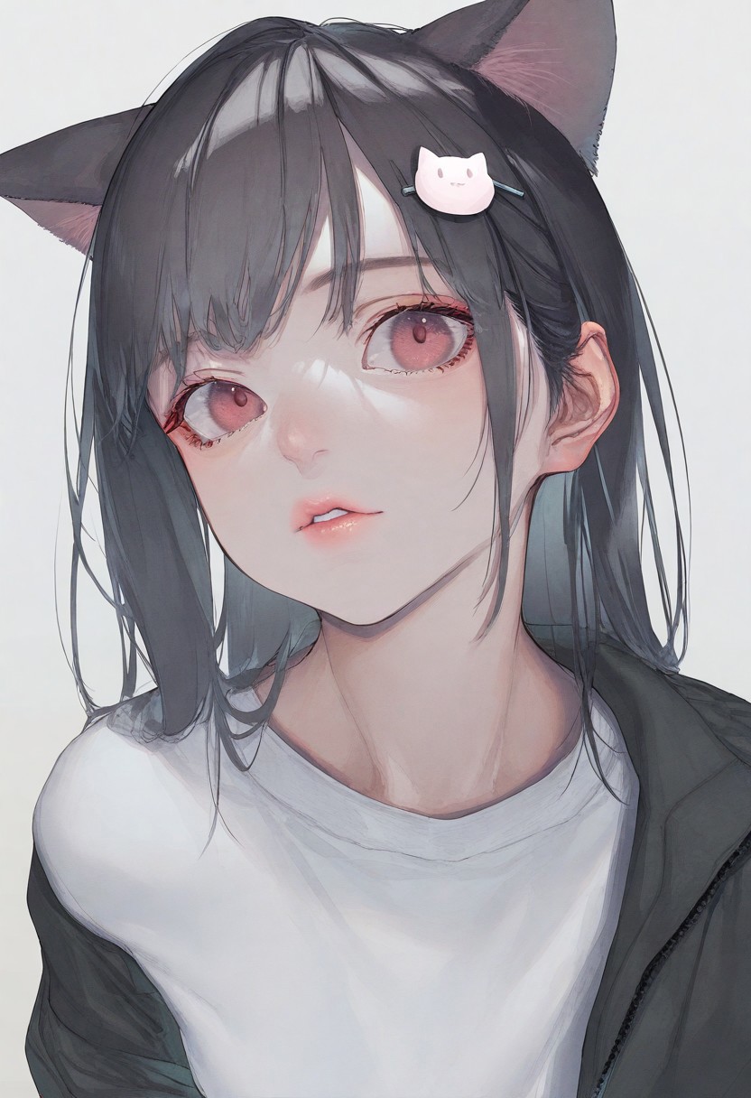 realistic, Sortilege_ST, masterpiece, best quality, very aesthetic, high resolution, ultra-detailed, absurdres, newest, 1girl, masterpiece, upper body, perfect eyes, cat girl, hair ornament, cat pin (hair ornament),