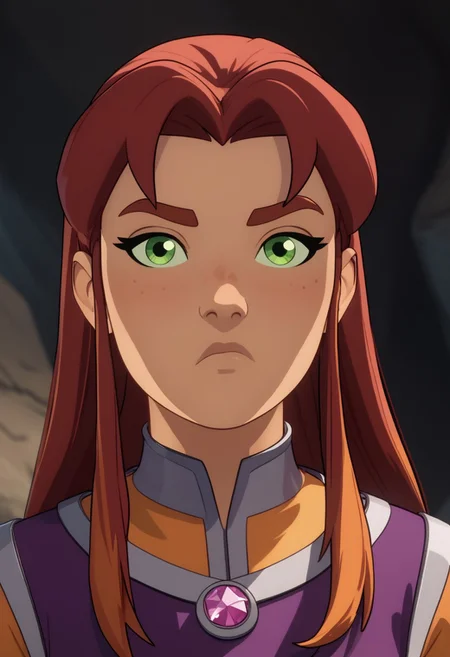 Score_9, Score_8, Score_7, TDPStyle, starfire from DC, Bust Shot, Looking at Viewer, Bored, Cave Background