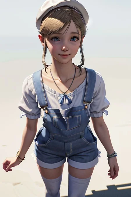 (best quality, masterpiece:1.2), chara-sheet, (photorealistic:1.2), Sherry Birkin, blue overalls, blue cabbie hat, white shirt, frilly sleeves, necklace, bracelet, white thighhighs, blue sneakers, smile, standing, simple white background, cinematic composition, extreme detail, beautiful face, cute face, detailed face, detailed background, sharp focus, bokeh