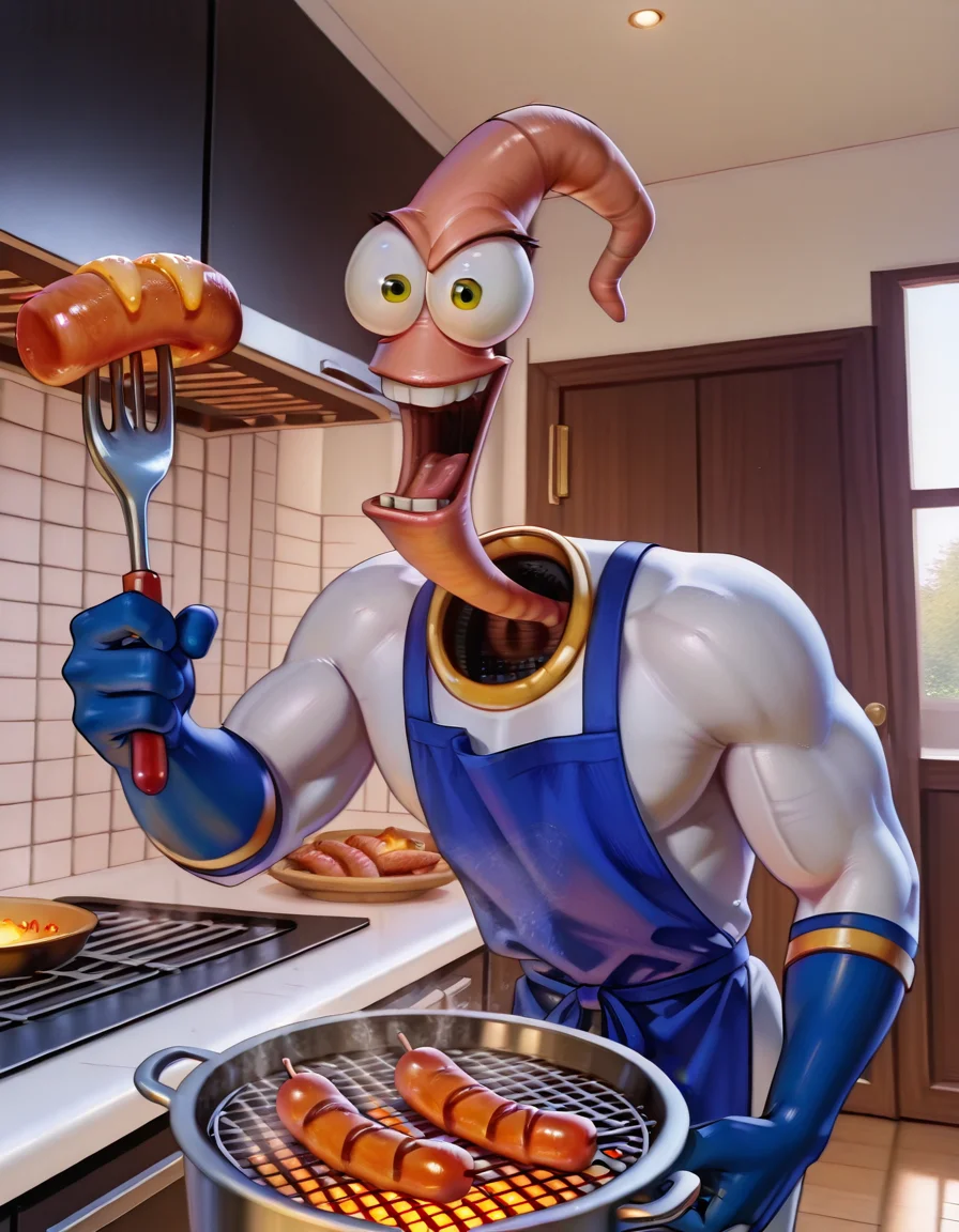 Masterpiece, sharp, hires, ((solo)) , Cartoon, realistic, 3d , render, cell-shading, Newest, detailed face and eyes, absurd detail, ultra detail, awesome picture, detailed skin, Beautiful background, dynamic pose, ((half body)), Strange place, giant kitchen, holding giant fork, kitchen, kitchen burn, groovy, solo, no human, ewj suit ,<lora:Earthworm_Jim:1> , open mouth, very smile, cooked, green eyes, burning, grill, grilled sausage, grill steam, kitchen smoke, posing photo, apron