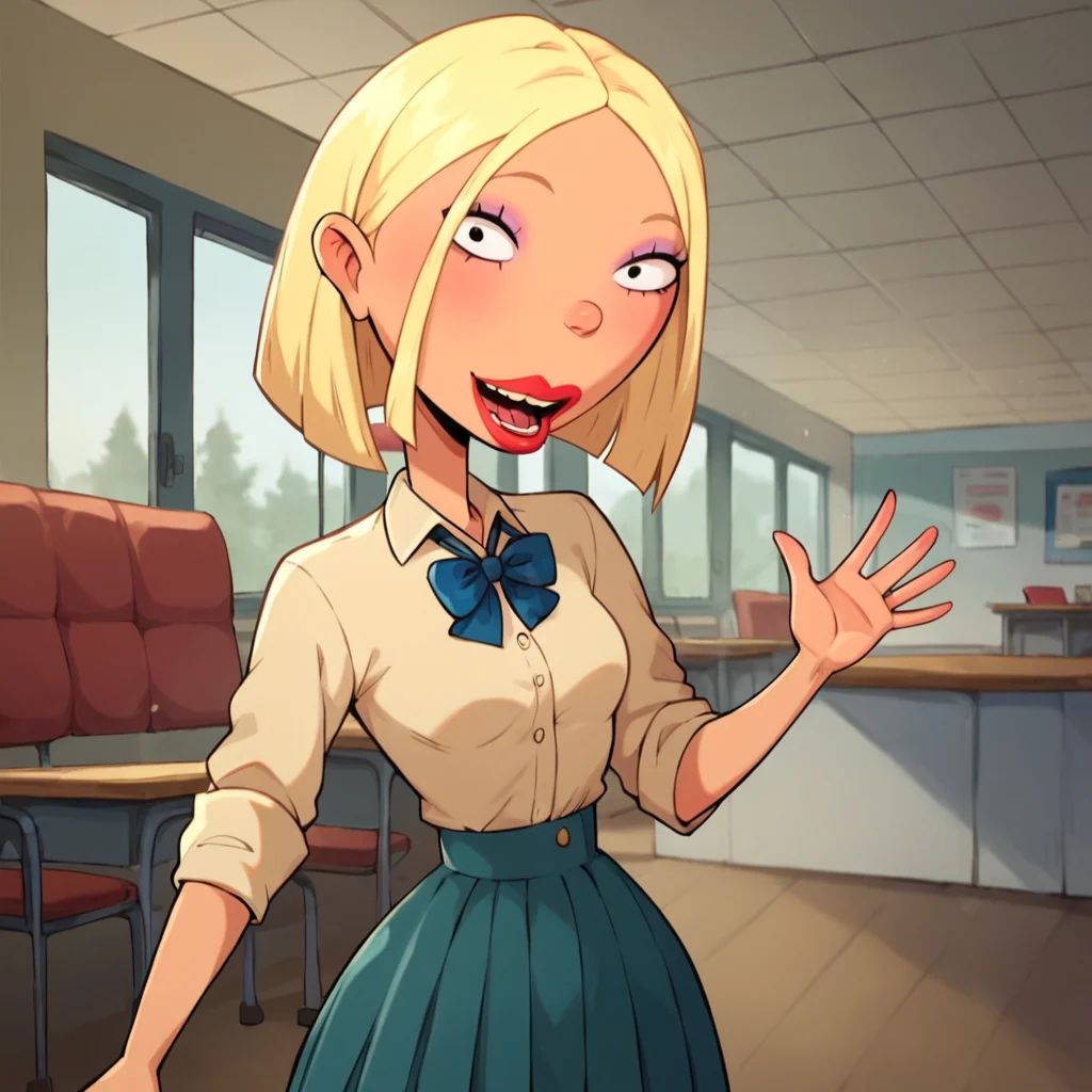 score_9, score_8_up, score_7_up, 1girl, Courtney, blonde hair, short hair, bob cut, makeup, lipstick, small breasts, narrow waist, wide hips, looking at viewer, waving, school uniform, highres, high quality, masterpiece, <lora:Courtney_Gripling:0.9>