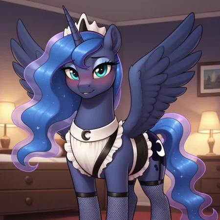 score_9, score_8_up, score_7_up, score_6_up, pony, alicorn, feral, mare, solo, (princess luna), no breasts, bedroom, indoors, (night), tail, photo_realistic, blushing female, anatomically correct, looking at you, standing, fishnets, garter straps, (maid), (maid outfit), front view,