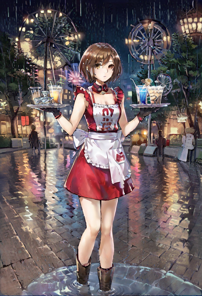score_9, score_8_up, score_7_up, score_6_up, source_anime, <lora:Worldly_XL:0.6> outdoors, scenery, crowd, (fairgrounds, street cafe, funfair, ferris wheel:1.4), balloons stuck in trees and bobbing in puddles, 
1girl, solo, Makoto is carrying drinks on tray wearing a chef apron in a street cafe at funfair that was hit by rainstorm, she is wearing a bib apron, a frilly white apron tied into a bow that is soaked through with water and has become transparent, her pose is relaxed, as she gazes thoughtfully to the side, wandering where that rain came from,
<lora:diberkato:0.7>
<lora:Meiko_VOCALOID_Pony_XL:0.7> vocaloid meiko, bib apron, chef apron, midriff, red clothes, crop top, skirt, short hair, brown hair, detached collar, brown eyes, gloves, 
<lora:Holding_Tray:0.8> tr4y, holding tray, (drinking glass:1.4), 
<lora:0935 rainstorm_v1_pony:0.5> ruanyi0935, night, puddle, rain, water, 
<lora:SwimsuitApronV1:0.75> SwimsuitApronV1, 
<lora:loraeyesxl:0.4>