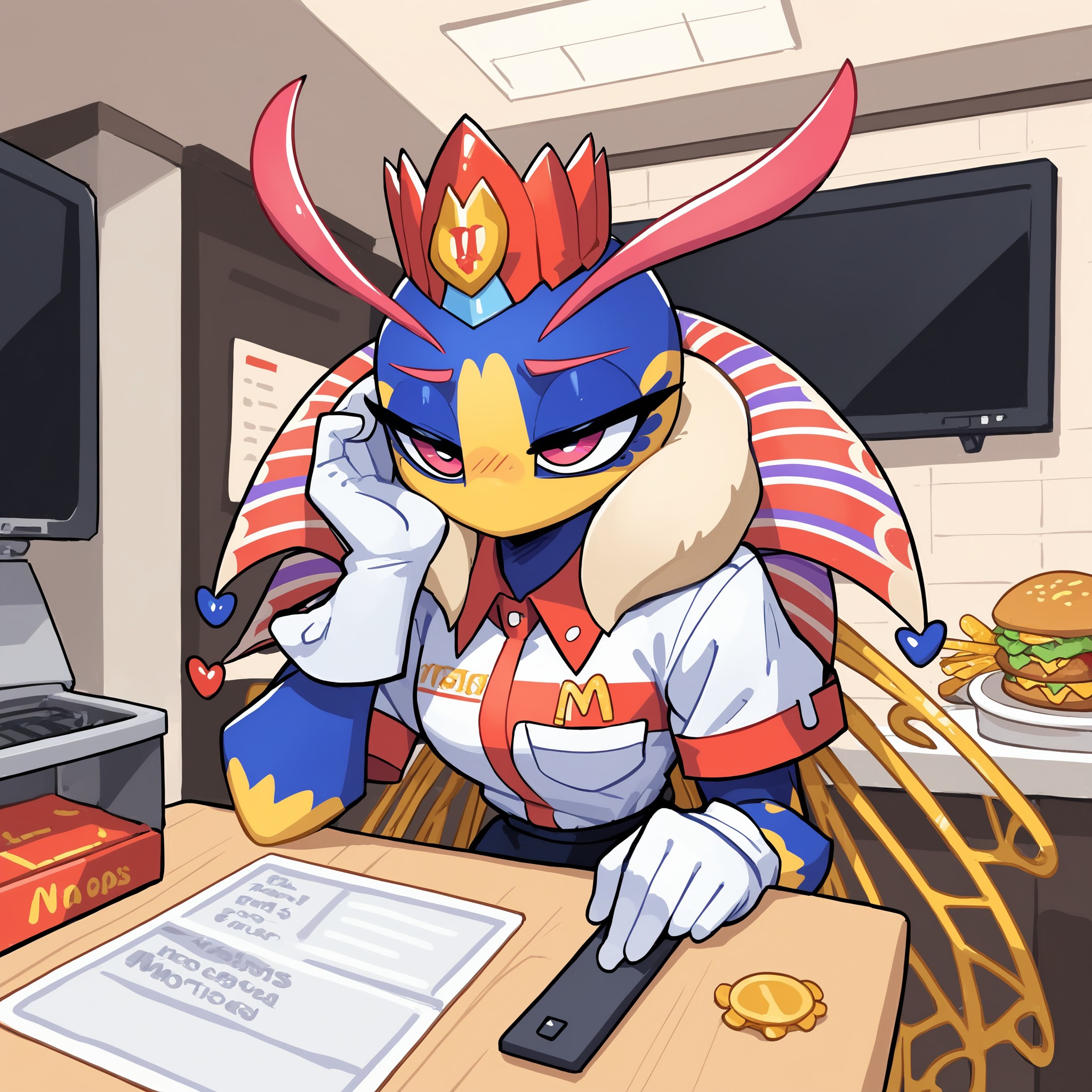 score_9, score_8_up, score_7_up, Queen Sectonia, (solo), 1girl, anthro, floating hands, gloves, multicolored skin, insect, arthropod, insect wings, fur collar, (bored),(employee uniform, fast food uniform), short sleeves, clothes writing, mcdonald's, mac, crown, half-closed eyes, cash register, , <lora:cefaa866-a58e-40ba-a219-79ab392f7d60:0.9>, <lora:548a342b-2dc6-440b-abe1-a6ce75213d61:0.9>, <lora:58299fc7-4fd8-4786-92e6-d25f95429033:0.6>