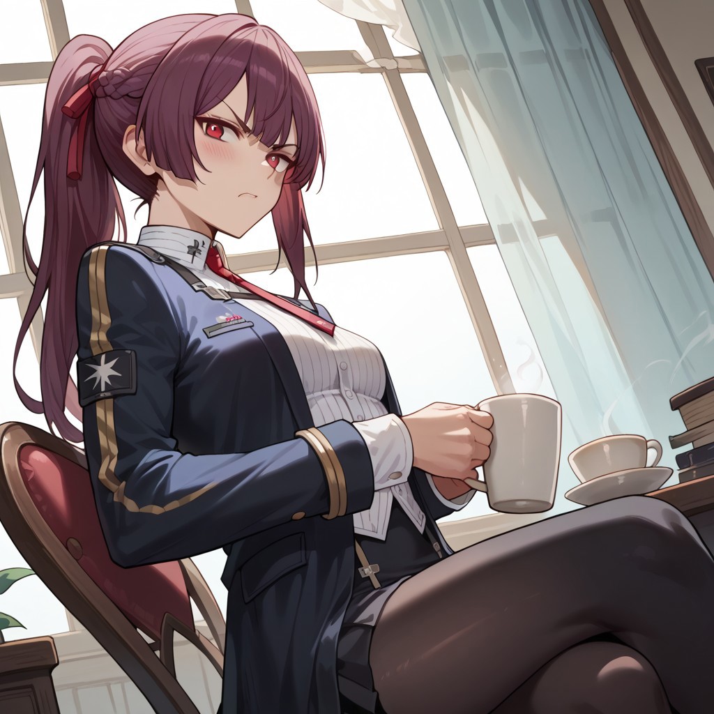(score_9, score_8_up, score_7_up), 1girl, human, makiatto, ((sitting on a chair)), cup of coffee in hand, from below, (small breasts), one closed eye, ((black pants)), (((thin thighs))), frowning, blush, thin form, thin ass, lean thighs, <lora:thighs slider_last:6>, angry, ((side shot)), ((from the side)), looking at viewer, small futanari bulge,
