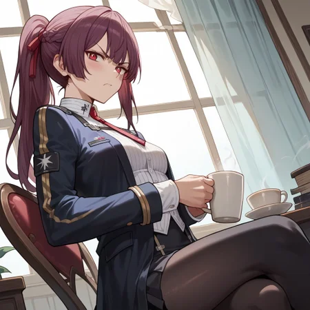 (score_9, score_8_up, score_7_up), 1girl, human, makiatto, ((sitting on a chair)), cup of coffee in hand, from below, (small breasts), one closed eye, ((black pants)), (((thin thighs))), frowning, blush, thin form, thin ass, lean thighs, <lora:thighs slider_last:6>, angry, ((side shot)), ((from the side)), looking at viewer, small futanari bulge,