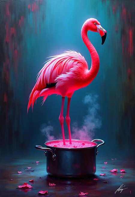 Impasto oil painting of a neon pink glowing Flamingo standing on One foot in a large cooking-pot, looking reproachful at viewer
, heavy strokes, textured, by Greg Tocchini, Jeremy Mann, Robert Oxley, stunning digital illustration, elegant, calm, mysterious, digital painting, expressionism style, very intricate, unforgettable, very colorful, many complementary colors
, heavy strokes, textured, by Greg Tocchini, Jeremy Mann, Robert Oxley, stunning digital illustration, elegant, calm, mysterious, digital painting, expressionism style, very intricate, unforgettable, very colorful, many complementary colors